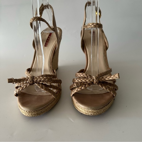 Prada Wedge Platform Sandals Cream Leather Ankle Strap Cork  Size 39.5 - Picture 3 of 9